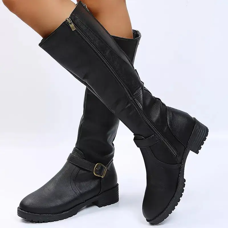 Polished Round Toe Block Heels Boots