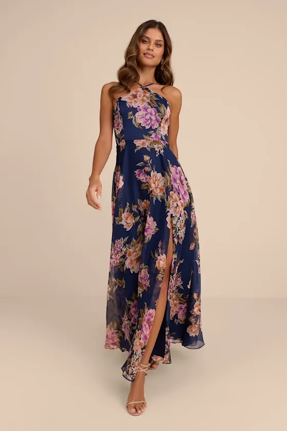 Romantic Marvel Navy Floral Print Halter Neck Maxi Dress