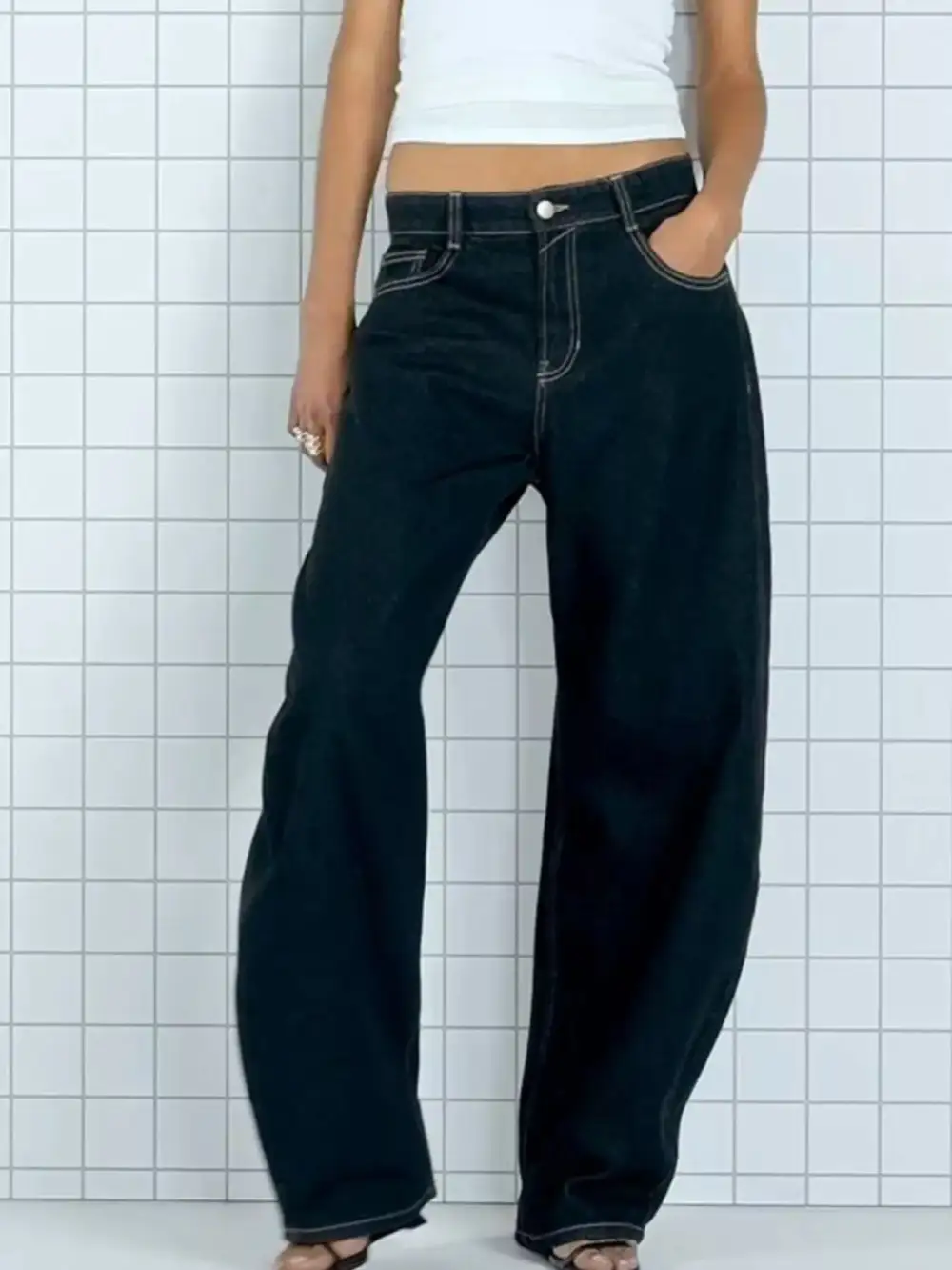 Polished Wide Leg Washed Denim Jeans