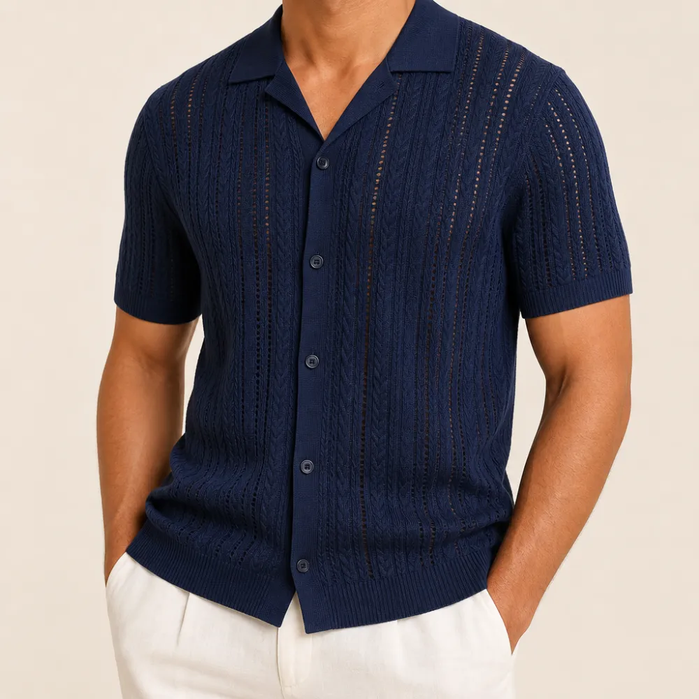 Men’s Open-Knit Short Sleeve Button-Up Shirt