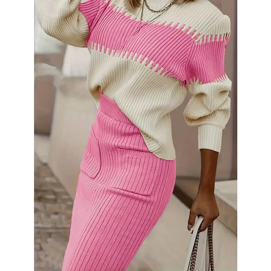 Two Tone Ribbed Knit Top and Skirt Sweater Set