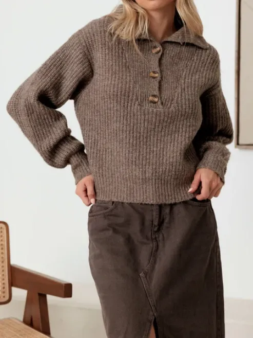 100% Wool Button-Up Neck Pullover Sweater