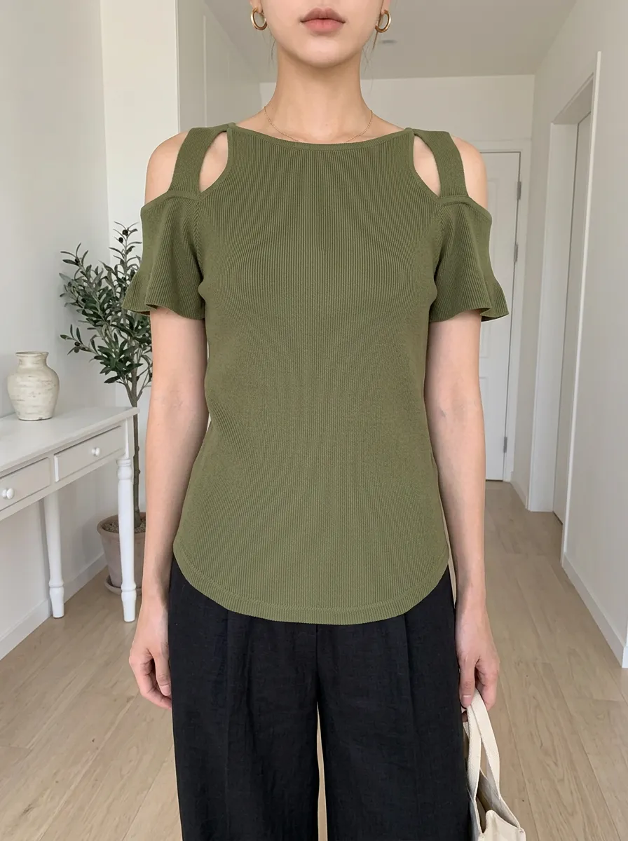 Women's Relaxed Ribbed Cold Shoulder Short Sleeve Off-Shoulder Top