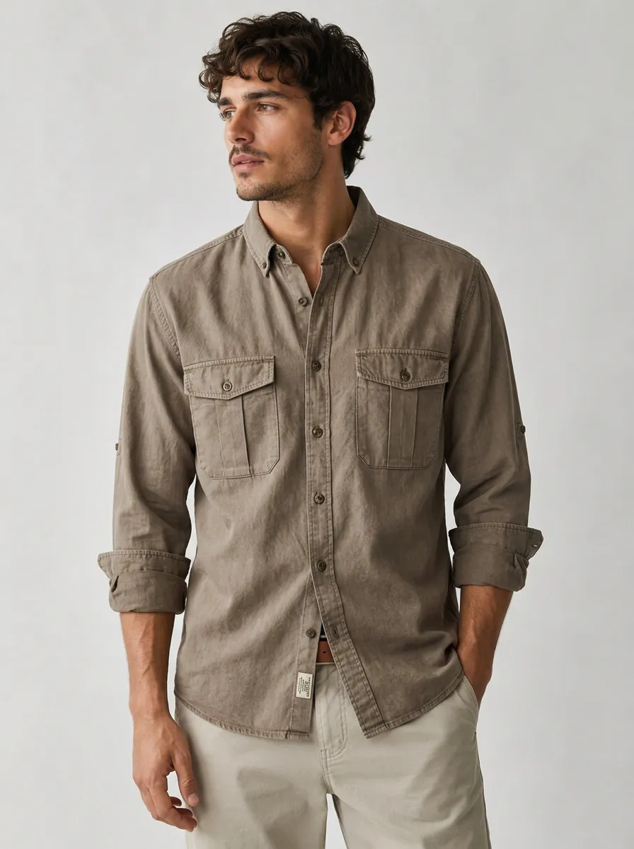 Men's Casual Khaki Breathable Cotton Long Sleeve Button-Down Shirt