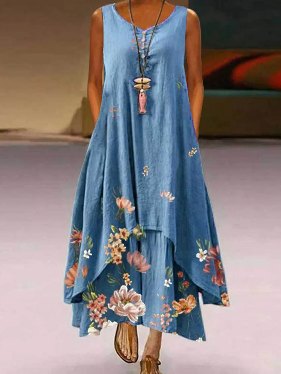 Irregular Sleeveless Printed Dress