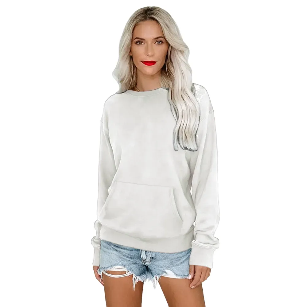 Women's Crewneck Hoodless Sweatshirt With Kangaroo Pocket Fleece Longsleeve Oversized Casual Style Shirt Lightweight Pullover
