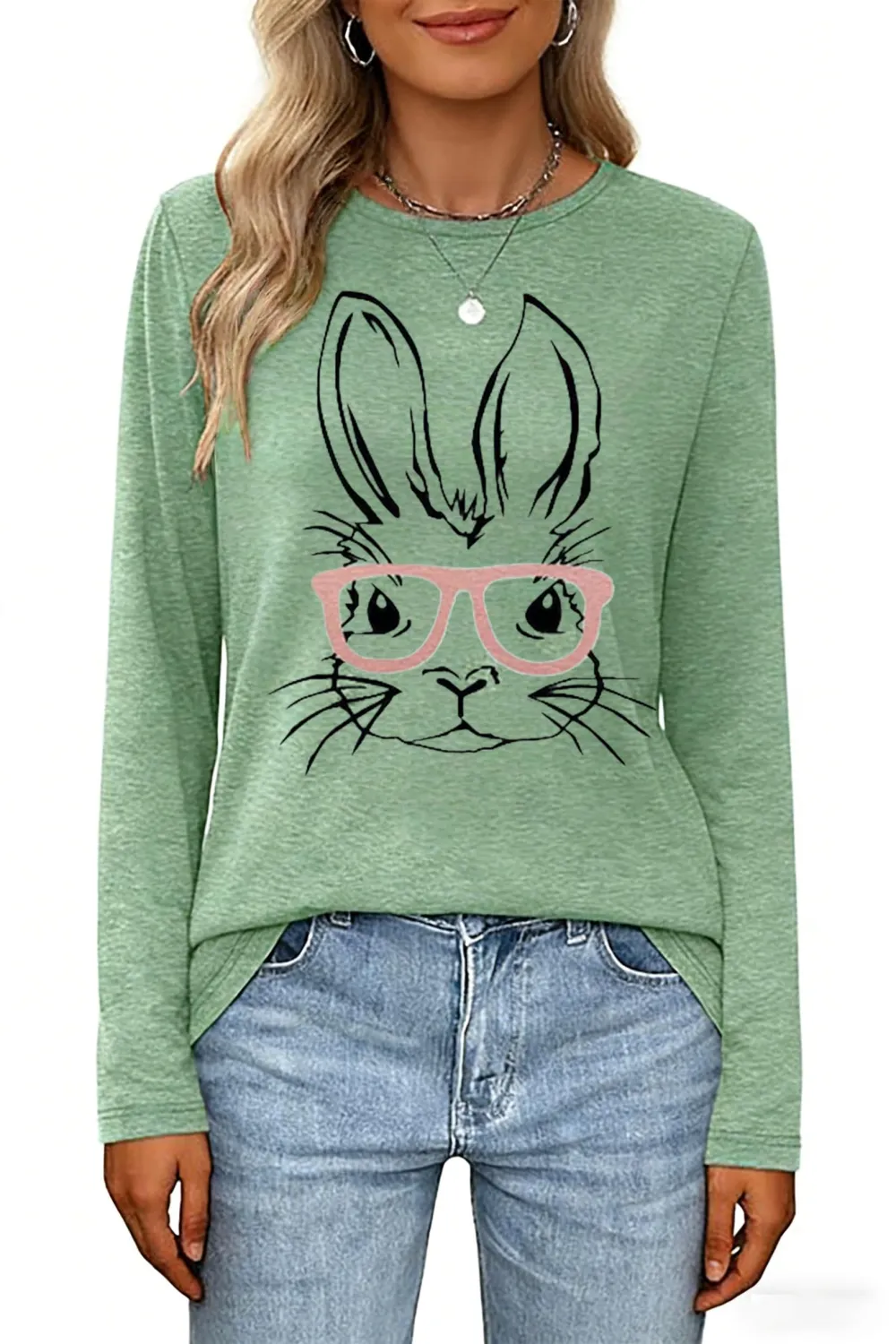 Rabbit With Glasses Print Long Sleeve T-shirt