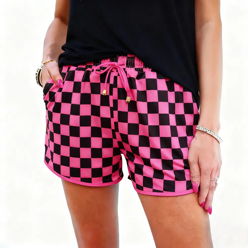 Women's Plaid Drawstring Elastic Waist Casual Shorts