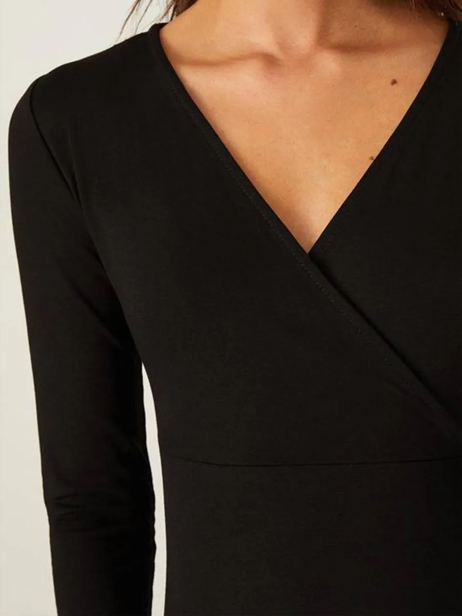 Black Wrap V-Neck Long Sleeve Midi Dress