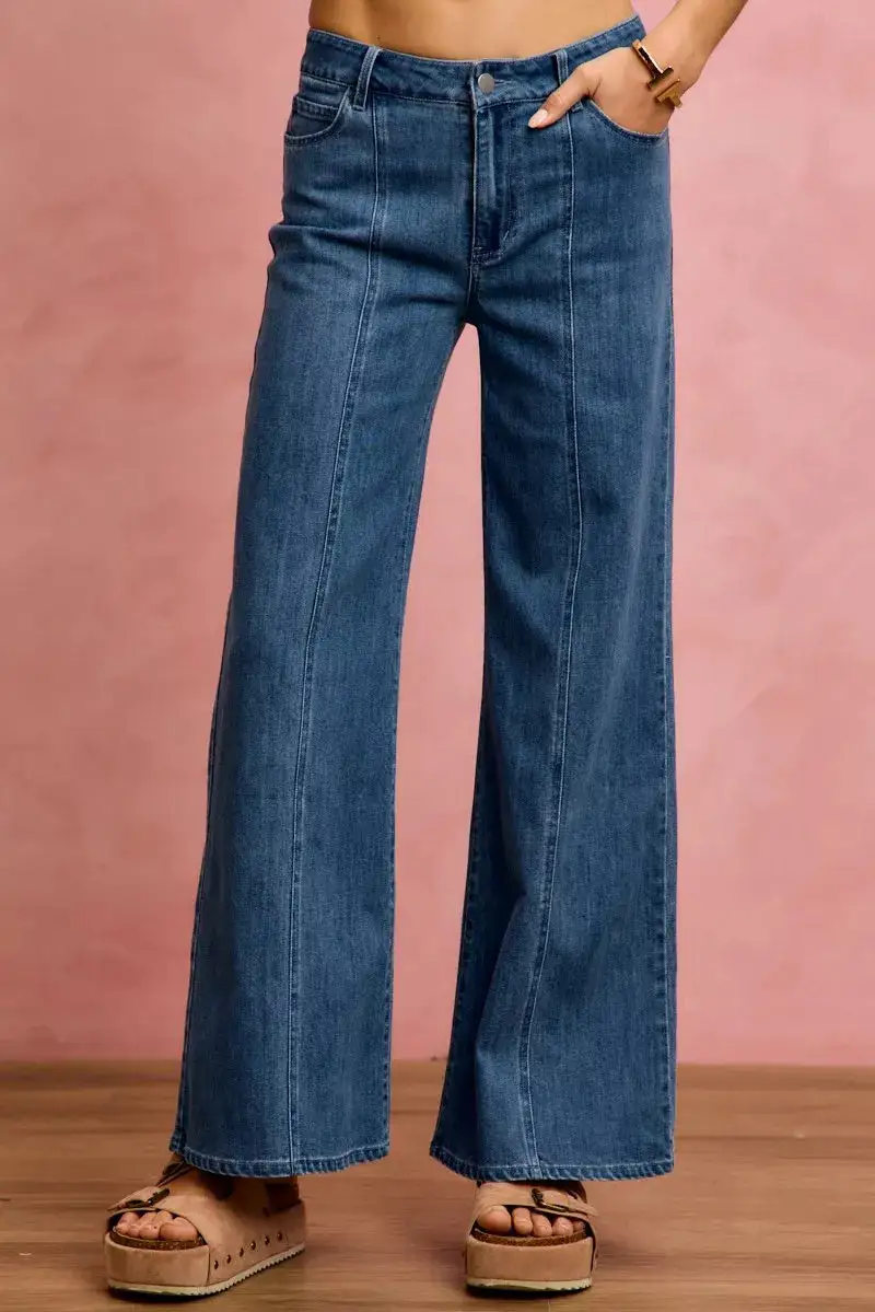 Mid Rise Seam Detail Stretch Denim Jeans