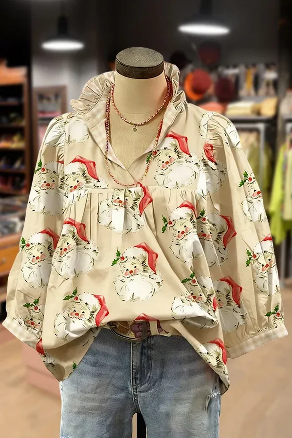 Christmas Santa Print Ruffle V-Neck Blouse