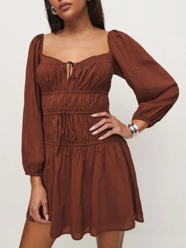 Square Neck Puff Sleeve Ruched Mini Dress