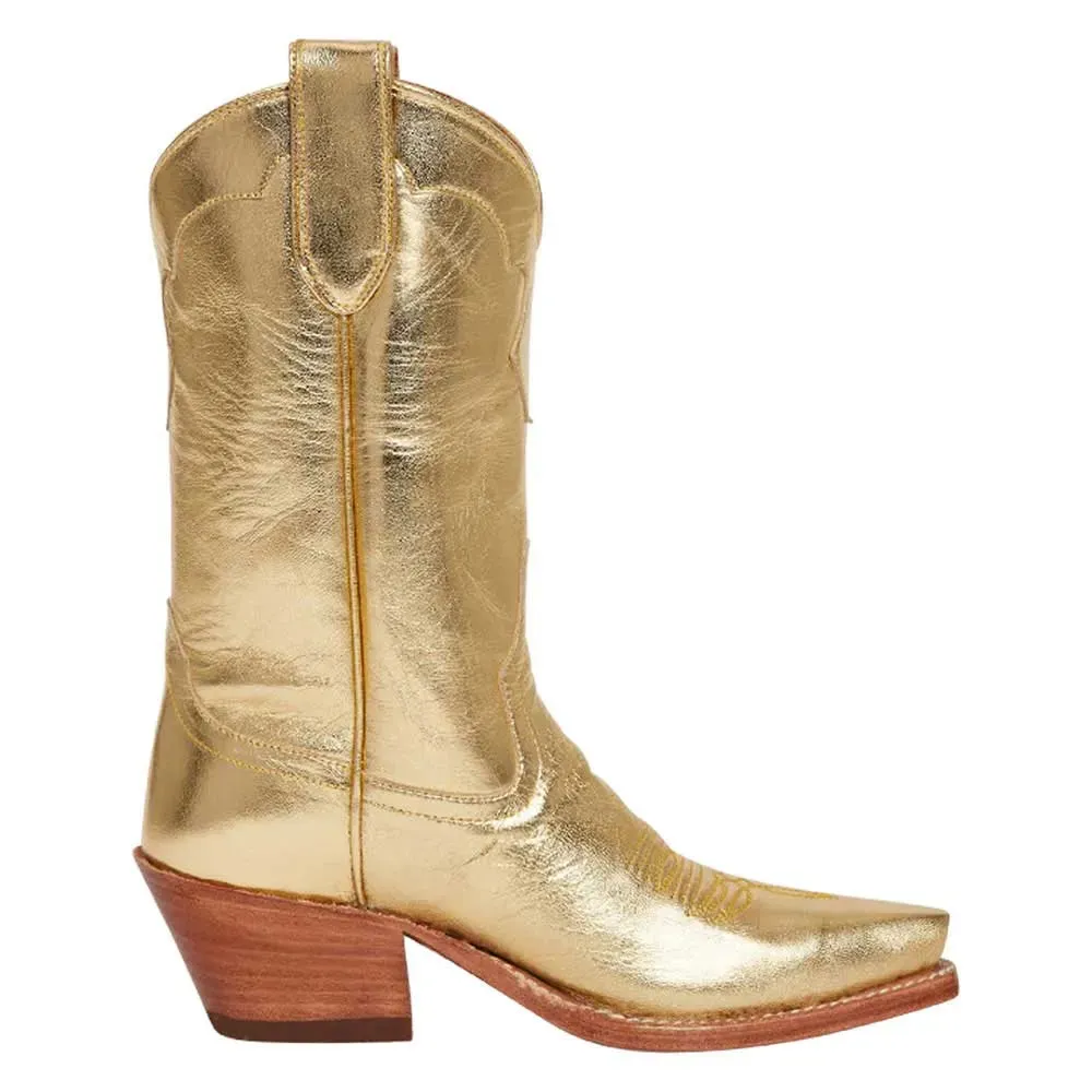 Pull-On Pointed-Toe Chunky-Heel Platform Mid-Calf Boots