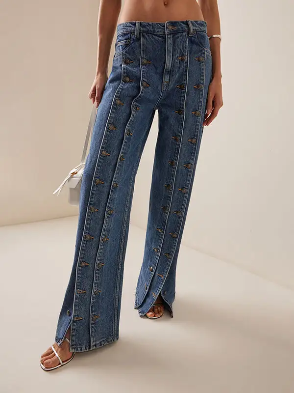 High Waist Seamed Button Detail Beltless Jeans