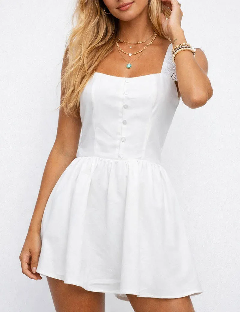 Romantic Lace Trim Strap Faux Button Mini Dress