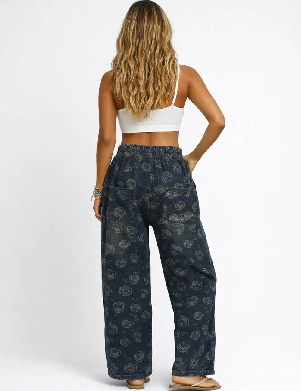 Floral Print Elastic Waist Barrel Leg Denim Pants