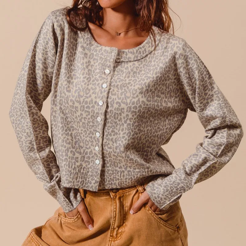 Ribbed Button Front Dropped Shoulder Leopard Print Cardigan