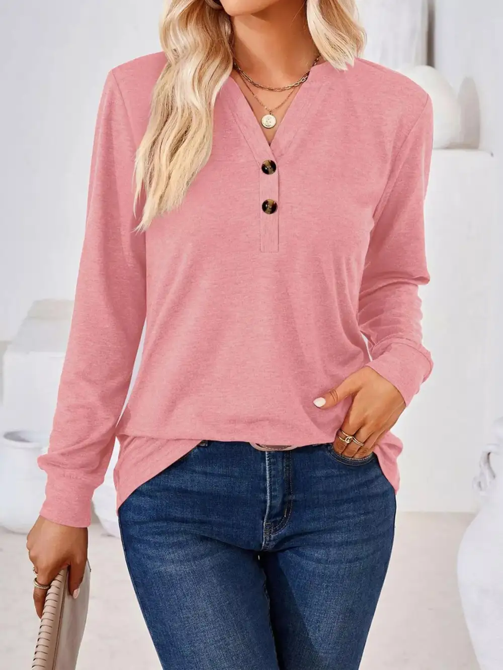 Everyday Button Detail Long Sleeve T-Shirt
