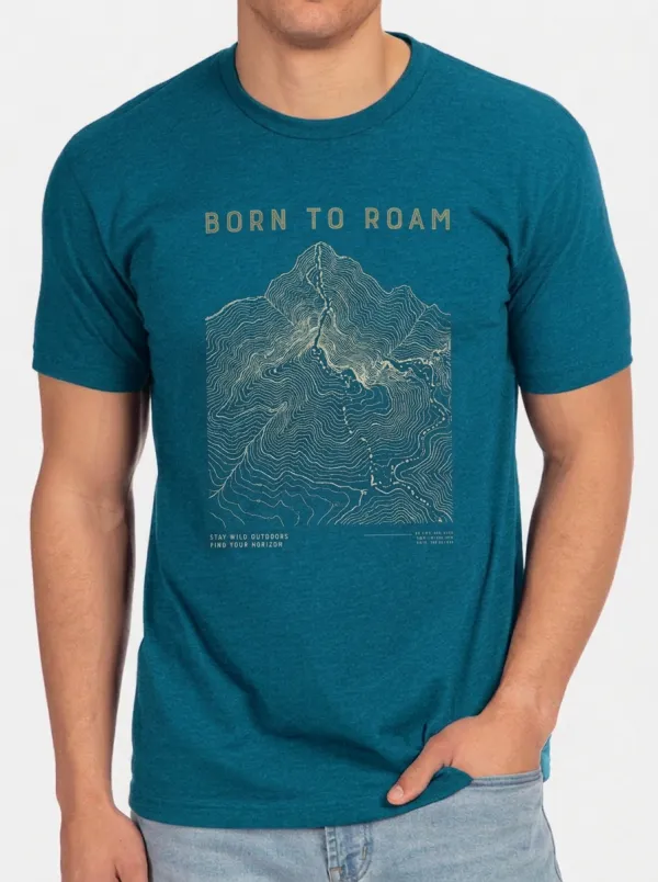 Men's Crewneck Highland Trail Outdoor Adventure Born To Roam Mountain Topographic Graphic T-Shirt