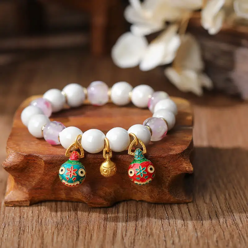 Swallowing Beast Family Charm Liuli Glass Porcelain Bracelet