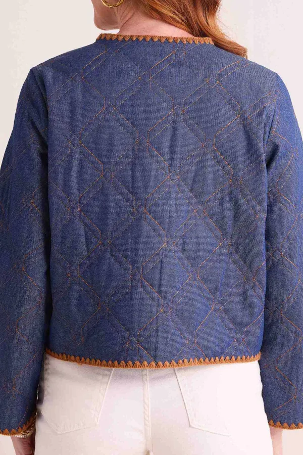 Blue Denim Contrast Stitch Quilted Cropped Jacket