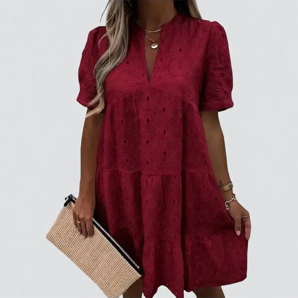 Flowy Lace Dresses Short Sleeve V Neck Tunic Dress