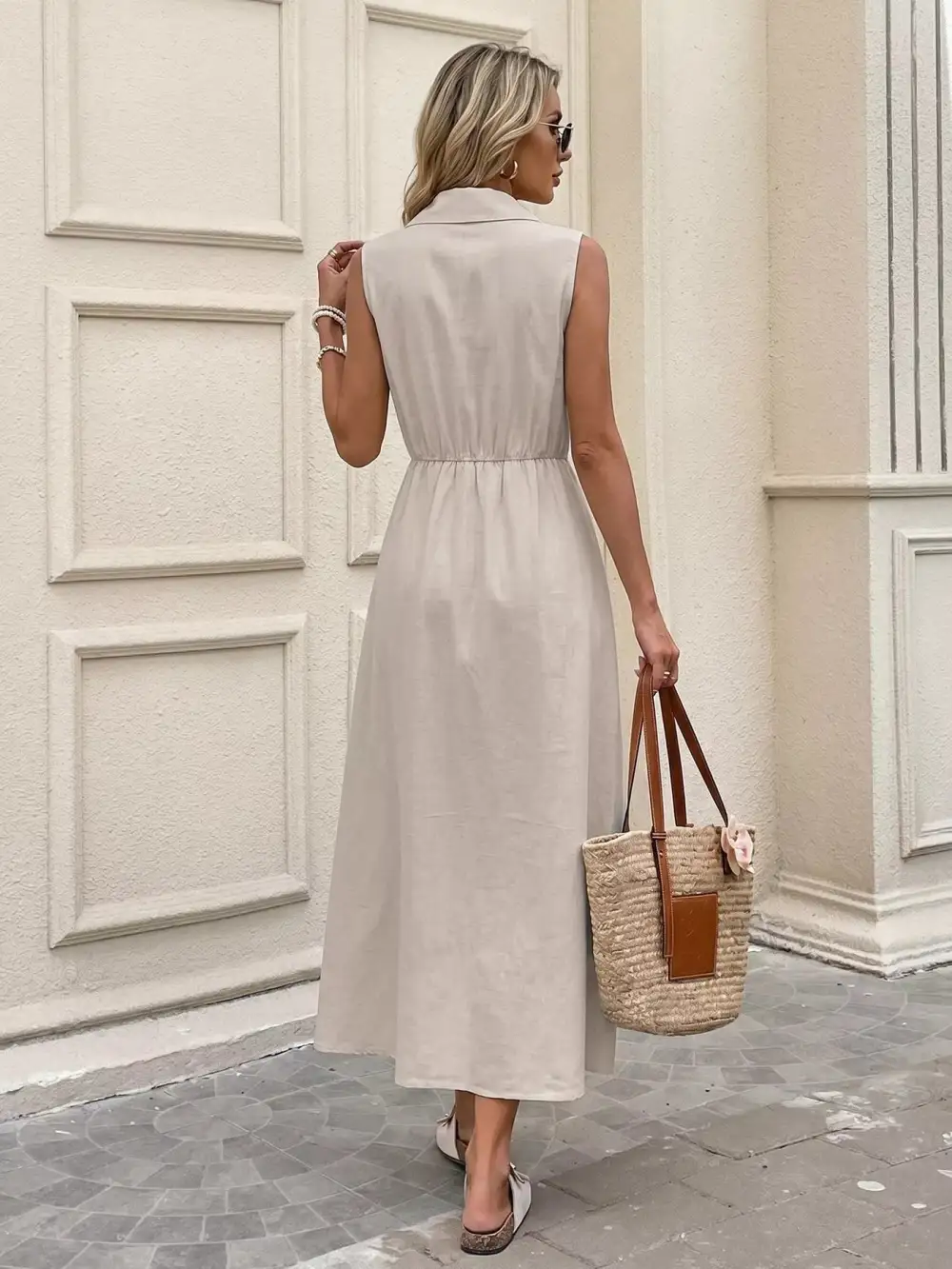 Button Front Sleeveless Midi Dress