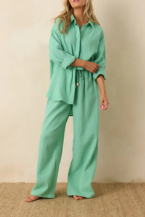 Seaglass Green Textured Wide Leg Pants