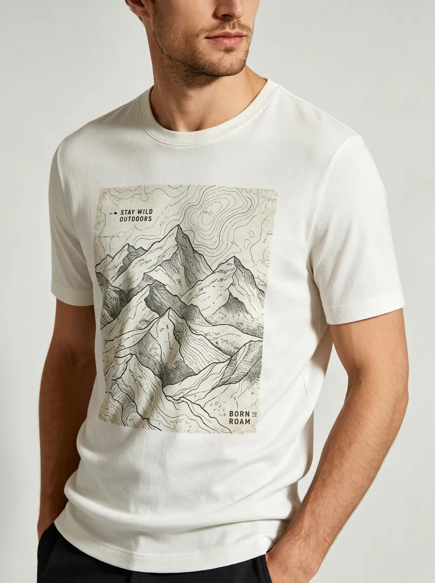 Men's Crewneck Summit Route Outdoor Adventure Mountain Topographic Graphic T-Shirt