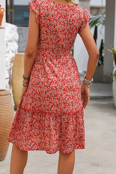 Ruffle Sleeve Flower Print Casual Dress