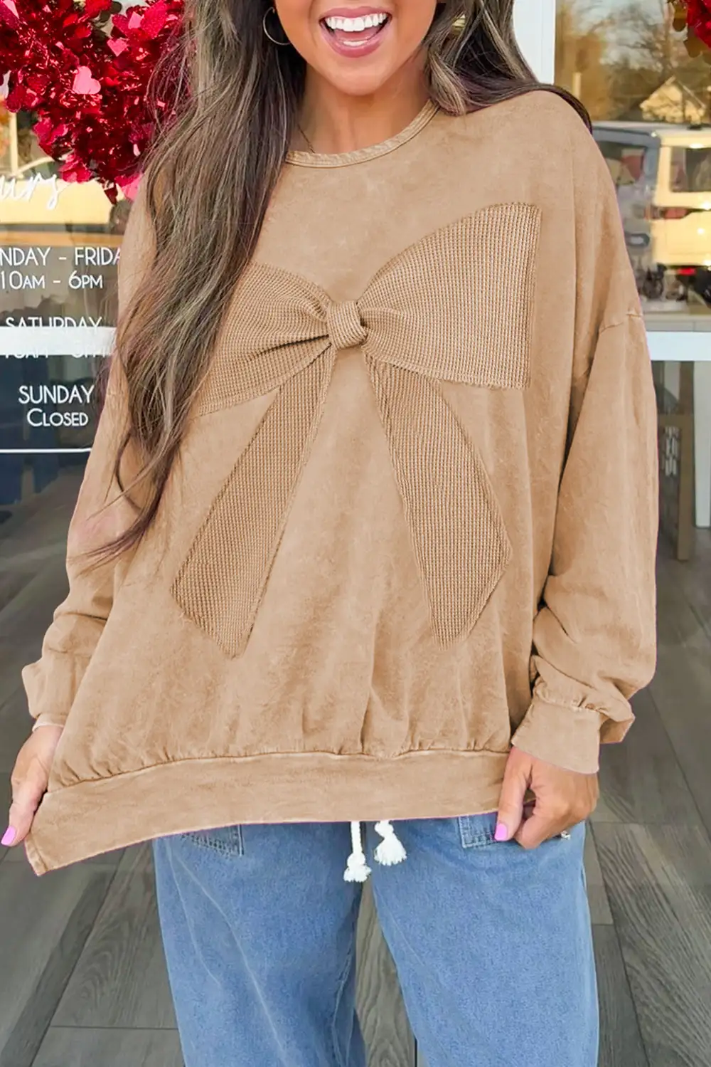 Bow Accent Patchwork Mineral Wash Pullover Sweatshirt