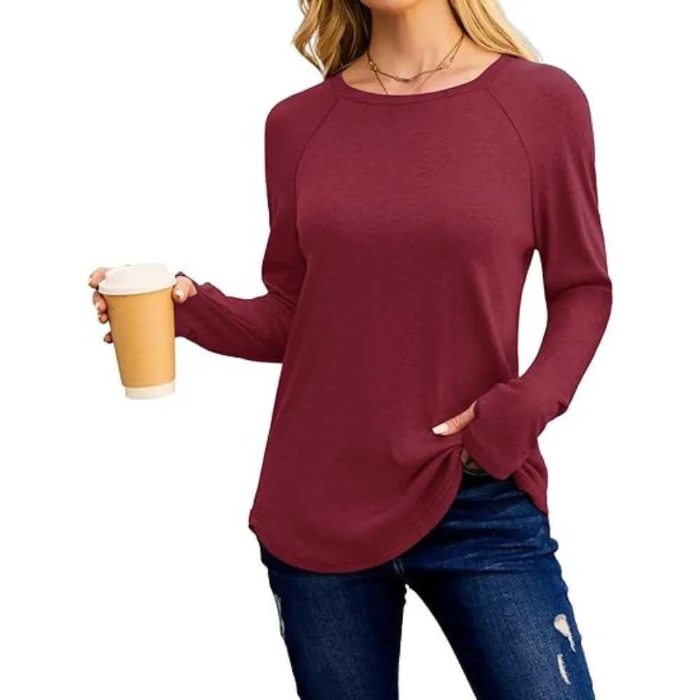 Womens Tunic Tops to Wear with Leggings Long Sleeve Thumb Hole Shirts Crew Neck Curved Hem