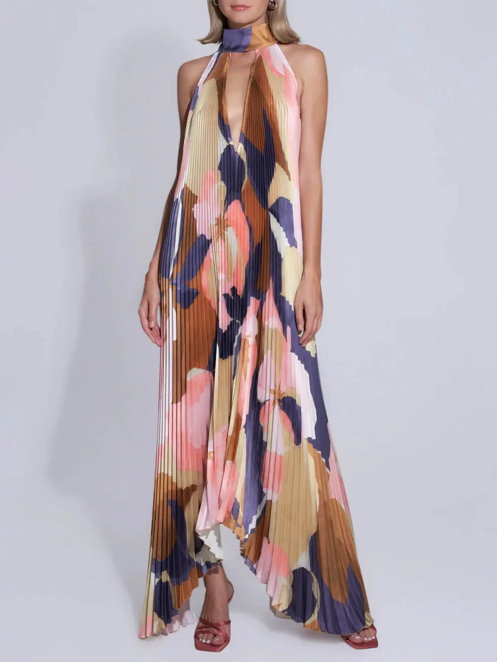 Stylish Pleated Halterneck Strappy Open Back Midi Dress
