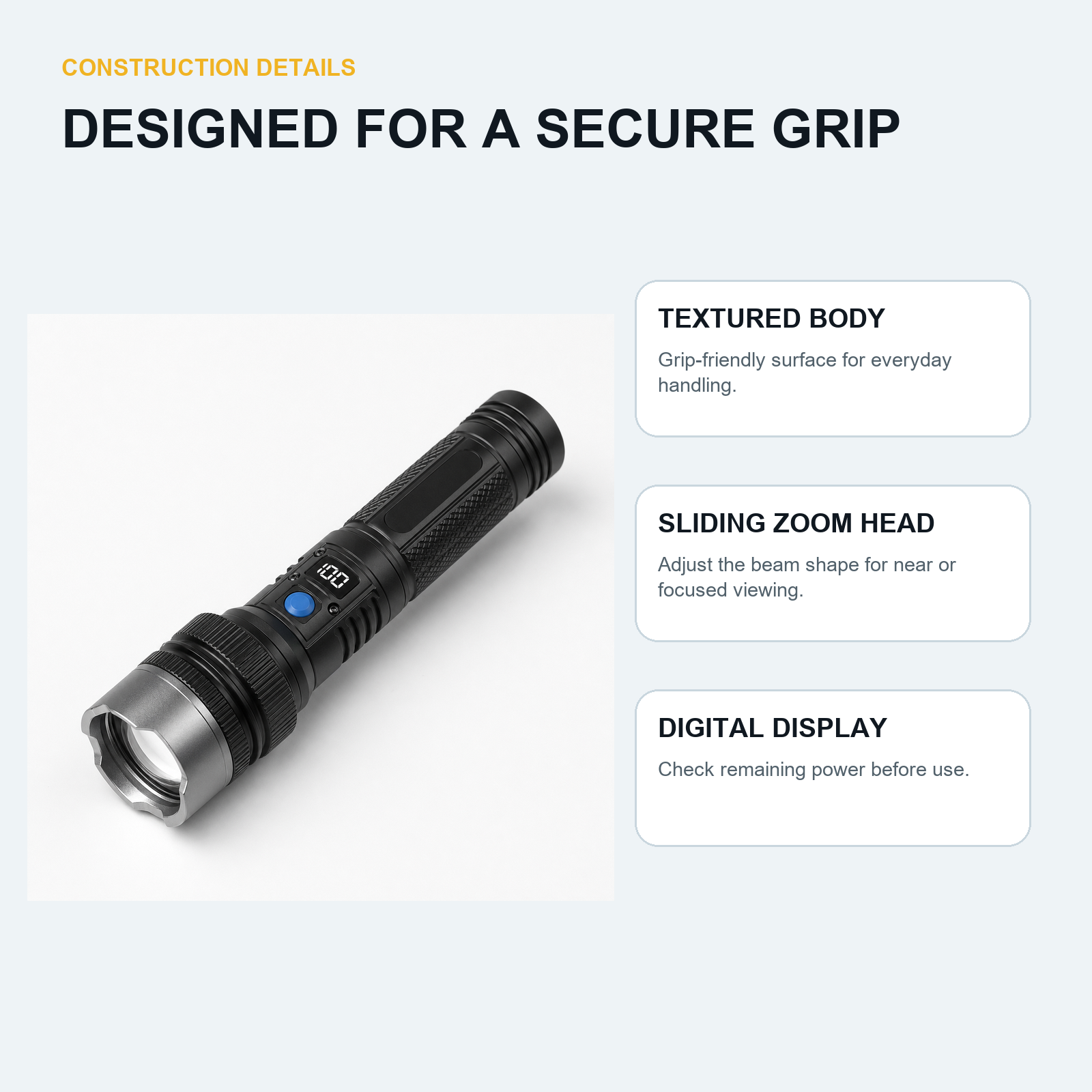 Rechargeable Zoom Flashlight with Digital Display & Power Bank - Grip, Zoom and Digital Display