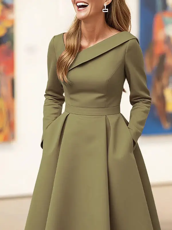 High Pockets Pleated Neck Maxi Dress