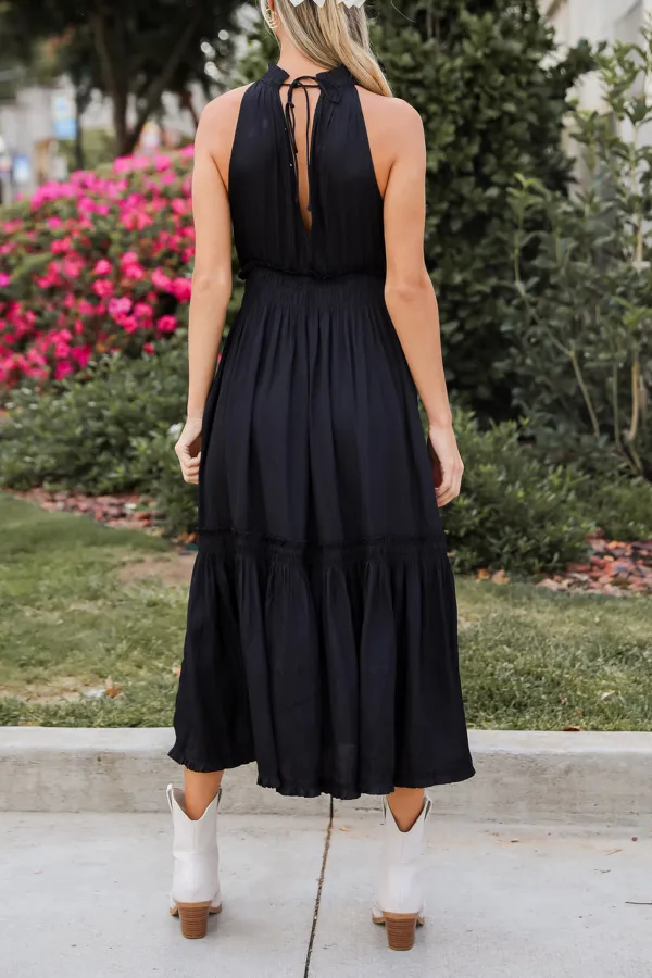 Black Satin Midi Dress