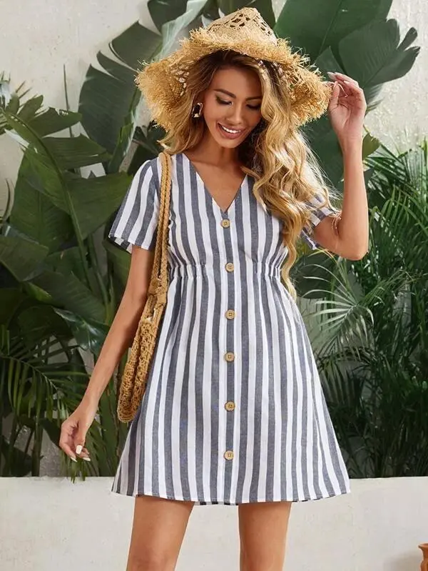 Women Single Breasted Striped Dress