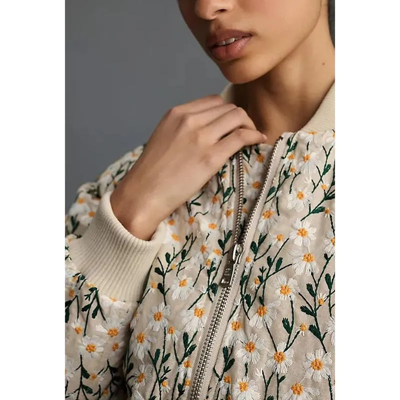 Women's Ramie Linen Embroidered Daisy Cropped Bomber Jacket with Quilted Puffer Sleeves & Two Side Pockets Outerwear