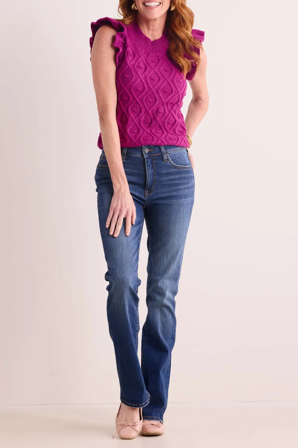 Purple Cable Knit Ruffled Sleeve Sleeveless Sweater