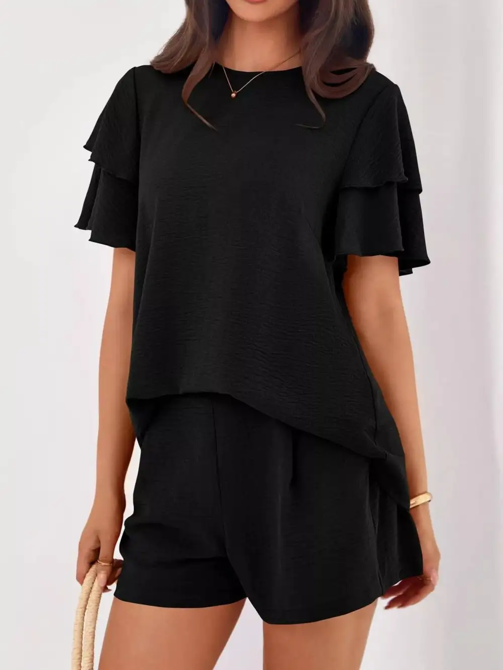 Ruffle Sleeve Top and Shorts Two-piece Set