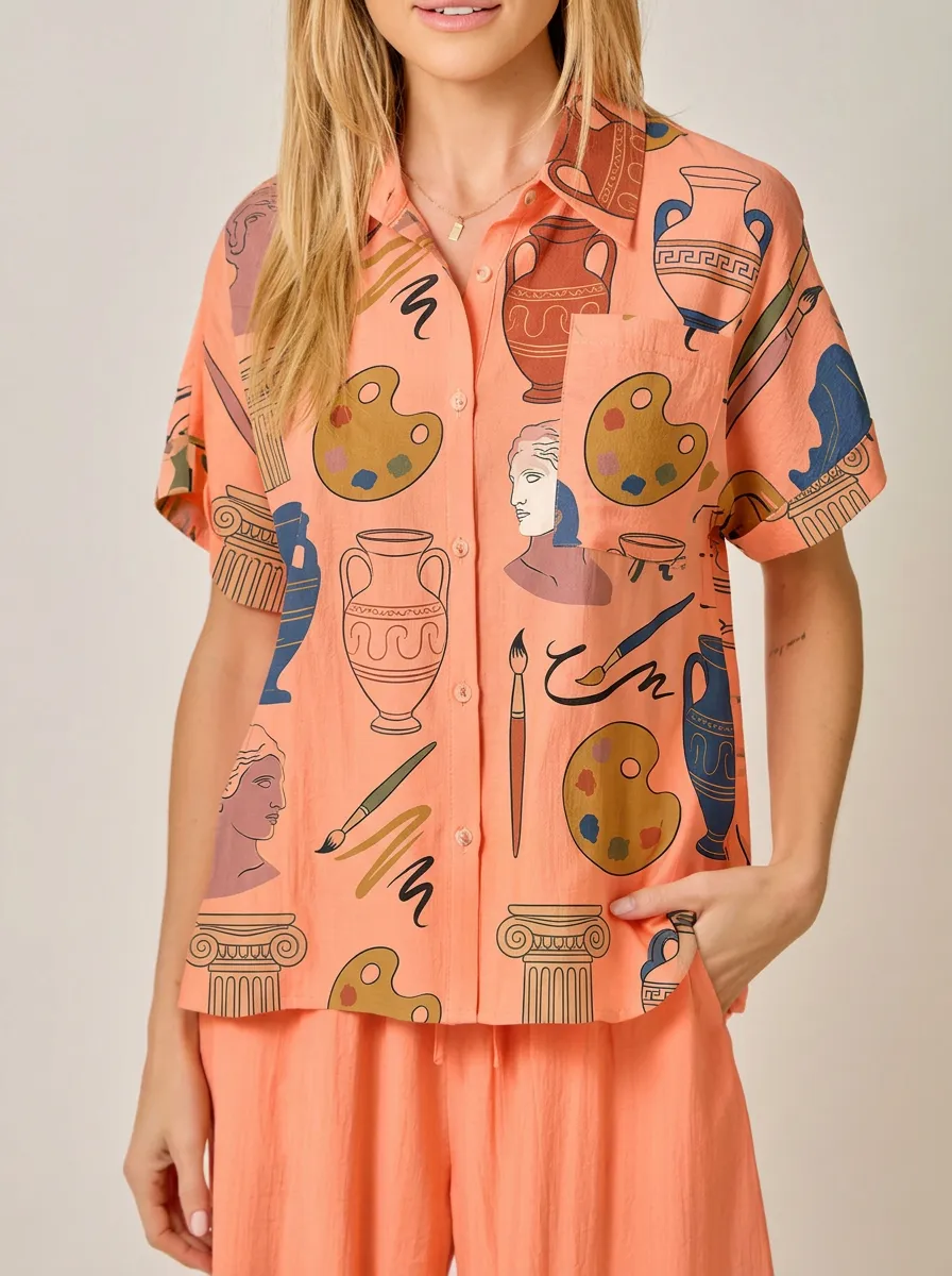 Women's Art Lover Greek Statue Vase Palette Printed Shirt