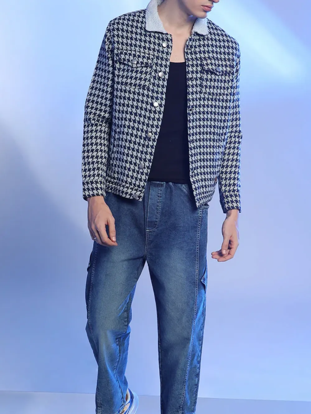 Houndstooth Pattern Sherpa Collar Jacket