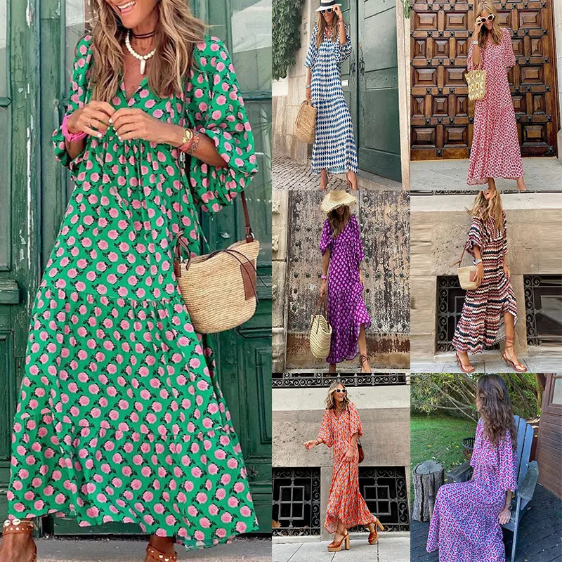 Bohemian Lantern Sleeve Long Dress Printed Large Swing Women's