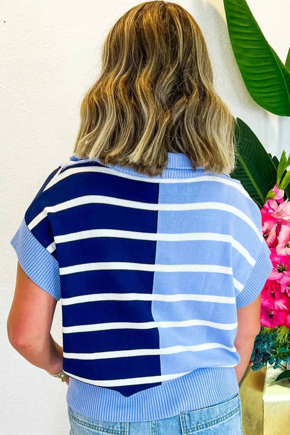 Stripe Colorblock Quarter Zip Collar Viscose Blend Sweater Vest