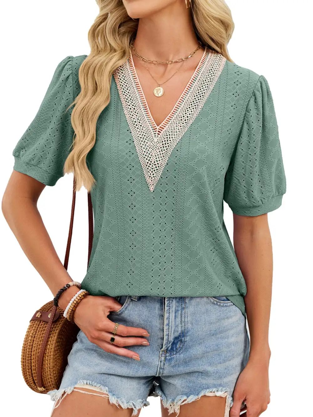 Refined V-Neck Short-Sleeve Lace-Detail T-Shirt
