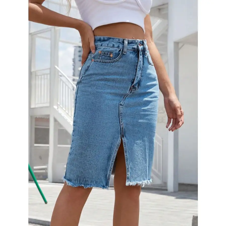 Raw Hem Slit Denim Skirt