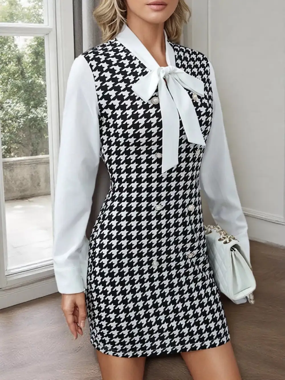 Houndstooth Printed Long Sleeve Mini Dress