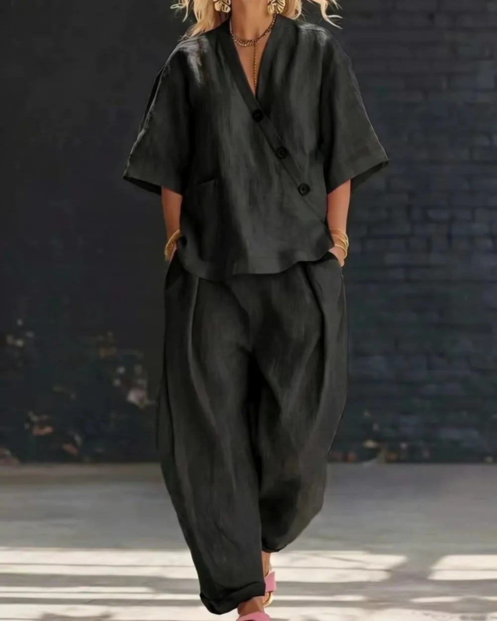 Casual Cotton and Linen V-Neck Top and Wide Leg Set