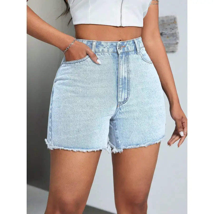 Casual Buttoned Raw Hem High Waist Pocketed Shorts