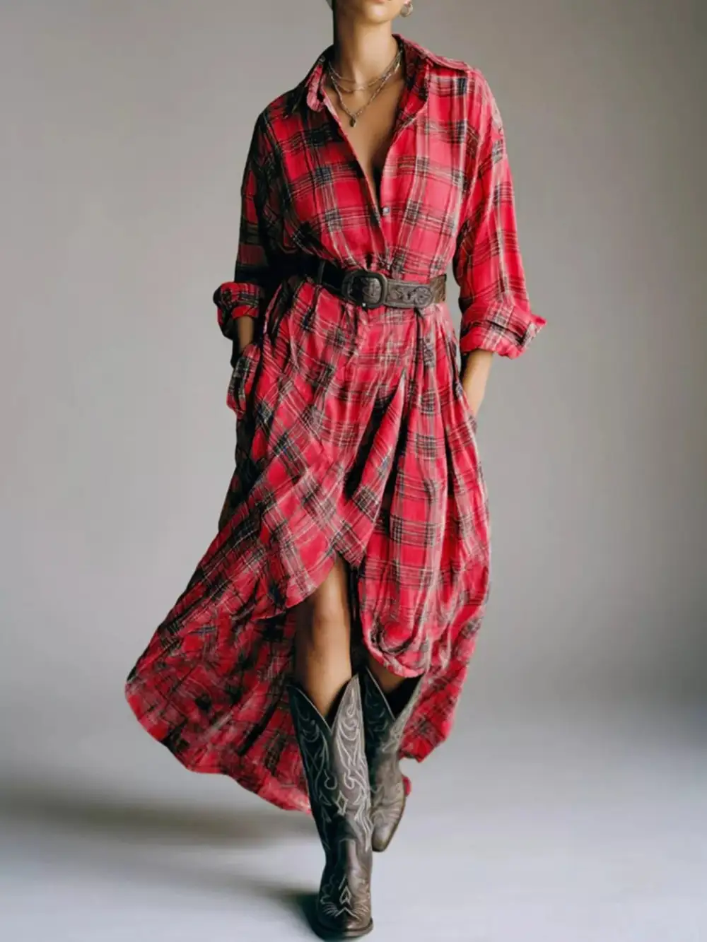 Plaid Long Sleeve Shirt Dress